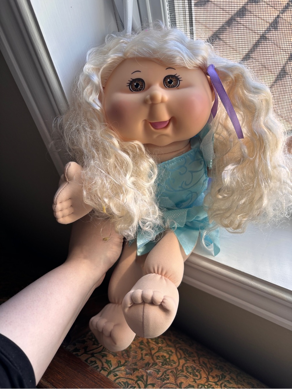 Plush Blonde Cabbage Patch-Style Doll in Light Blue Dress
